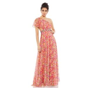 NWT Bright Floral, One-Shoulder, Maxi-Length Mac Duggal Gown - Size 2